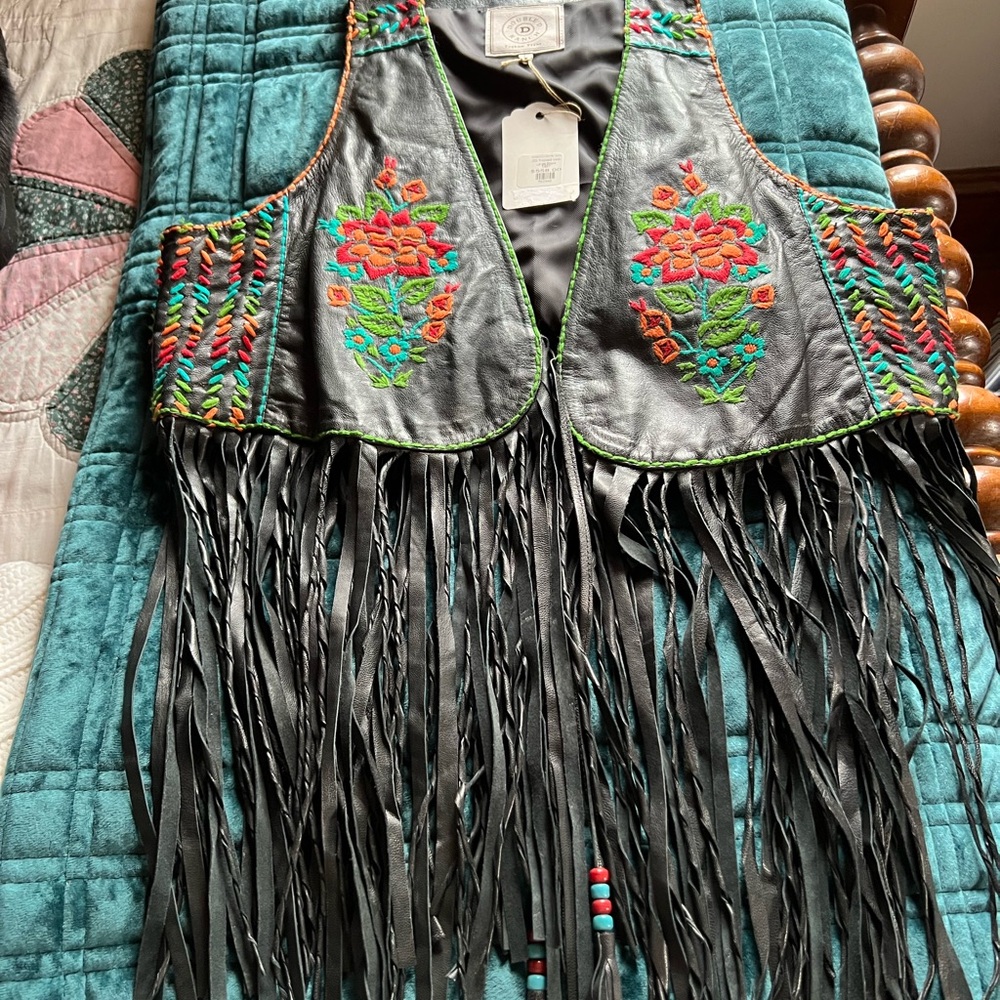 Double D Ranch leather embroidered Fringe Vest with Floral Design